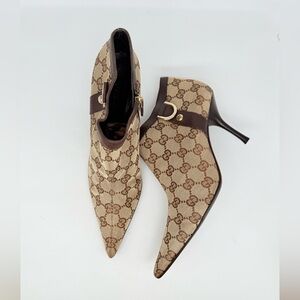 Gucci Brown GG Monogram Canvas leather trim D ring Ankle Heeled Booties 8